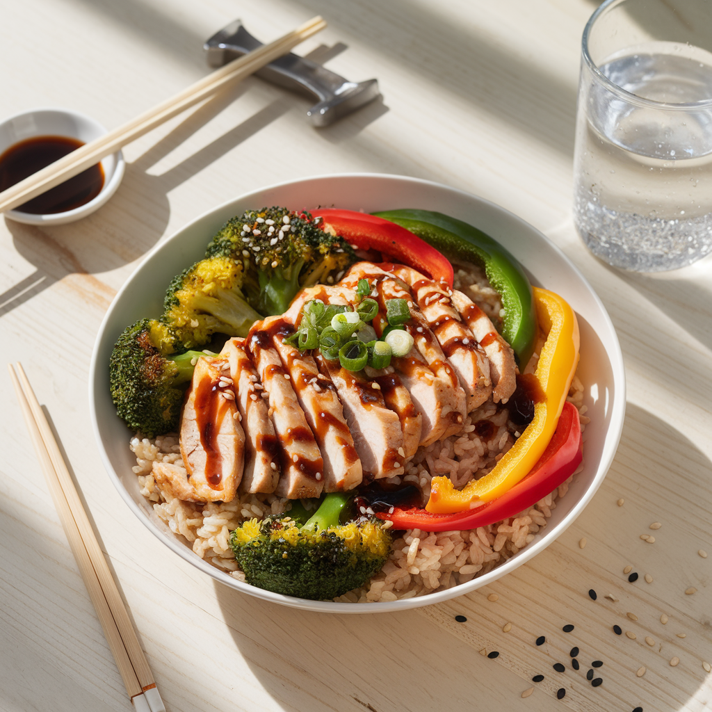 A beautifully arranged grilled chicken and veggie bowl with brown rice, broccoli, and bell peppers, topped with teriyaki sauce, sesame seeds, and green onions
