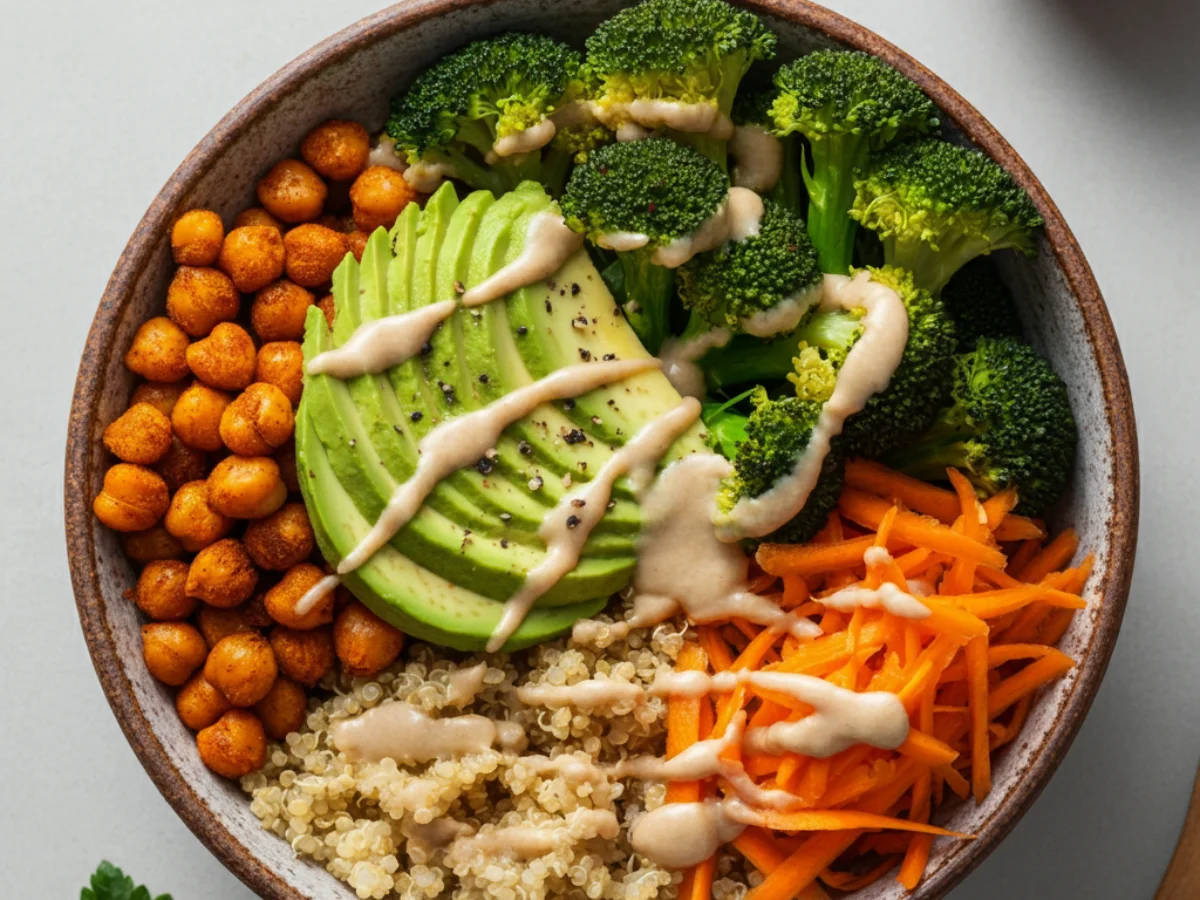 A vibrant Rainbow Buddha Bowl with tahini dressing, featuring quinoa, sliced avocado, roasted chickpeas, steamed broccoli, shredded carrots, and garnishes in a rustic ceramic bowl.