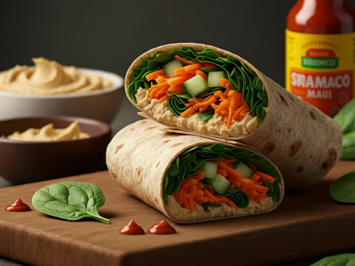 A spicy hummus wrap sliced diagonally, filled with shredded carrots, cucumber slices, spinach, and drizzled with hot sauce, served on a rustic wooden board with a bowl of hummus and hot sauce nearby.