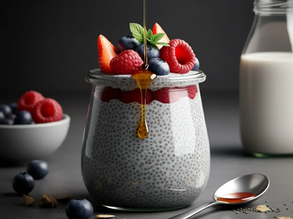 A glass jar of chia seed pudding topped with blueberries, raspberries, and sliced strawberries, drizzled with maple syrup and garnished with fresh mint, with a spoon and extra berries nearby.