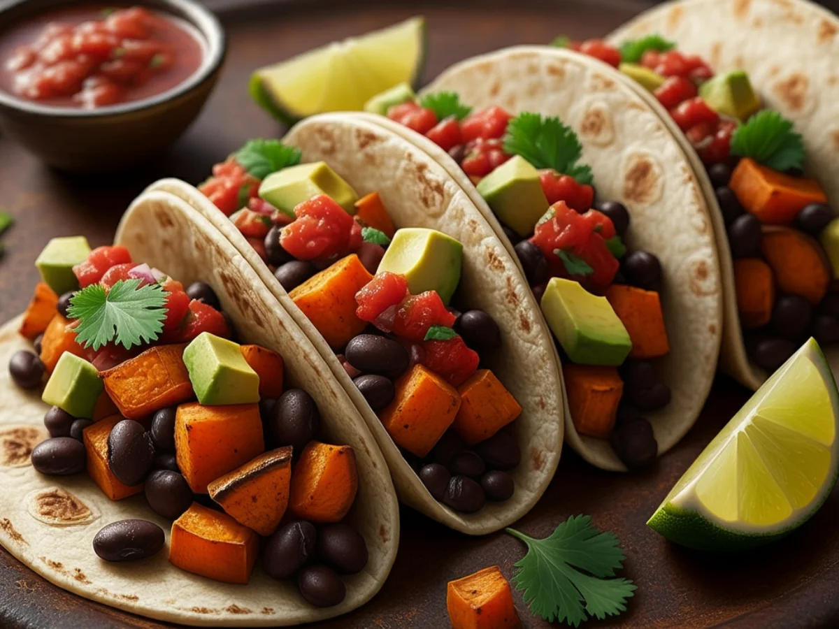 Black bean and sweet potato tacos served in warm corn tortillas, topped with salsa, avocado, and cilantro.