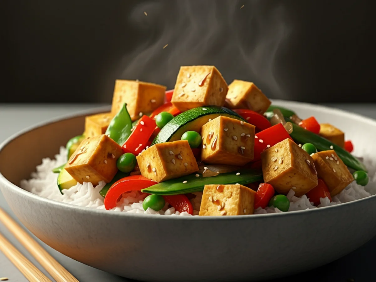 A bowl of tofu stir-fry with golden-brown crispy tofu, red bell peppers, zucchini, and snap peas, served over white rice or noodles, sprinkled with sesame seeds, with wooden chopsticks on the side.