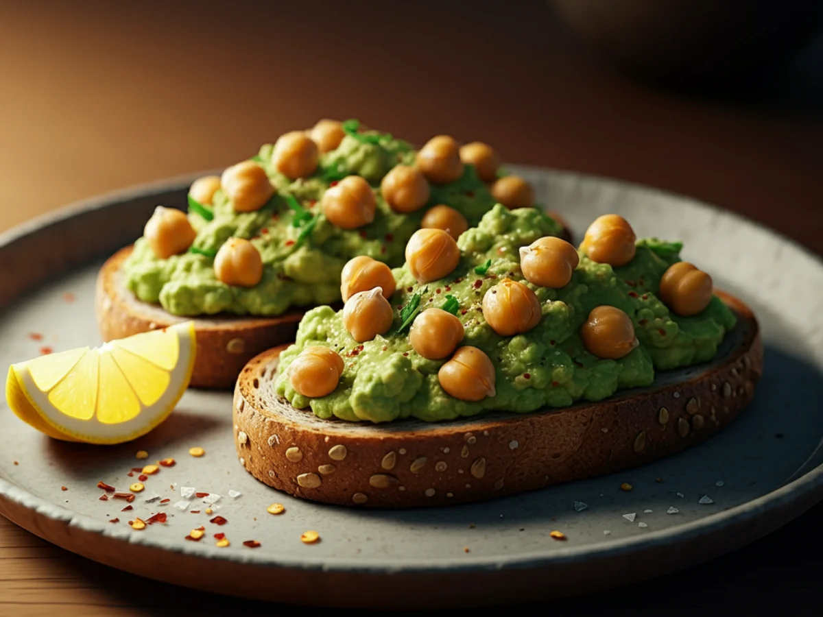 Two slices of whole-grain toast topped with a creamy mixture of mashed avocado and chickpeas, sprinkled with chili flakes, black pepper, and sea salt, served with a lemon wedge on a rustic ceramic plate.
