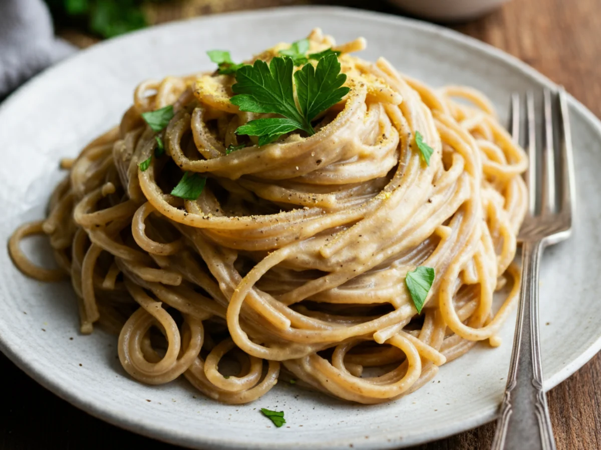 A plate of creamy cashew Alfredo pasta made with whole wheat pasta, topped with freshly chopped parsley and black pepper, served on a white ceramic plate with a silver fork on the side.
