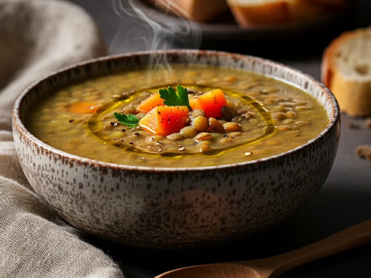 A warm bowl of vegan lentil soup with green or brown lentils, diced carrots, and softened onions in a thick, golden-hued broth, garnished with parsley and olive oil, served with a wooden spoon and crusty bread.