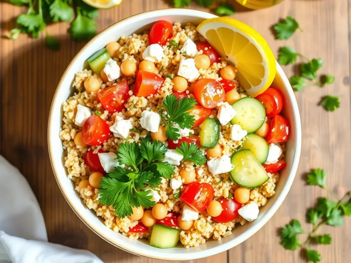 A vibrant bowl of quinoa and chickpea salad with feta, tomatoes, cucumber, parsley, and olive oil, with a lemon wedge on the side