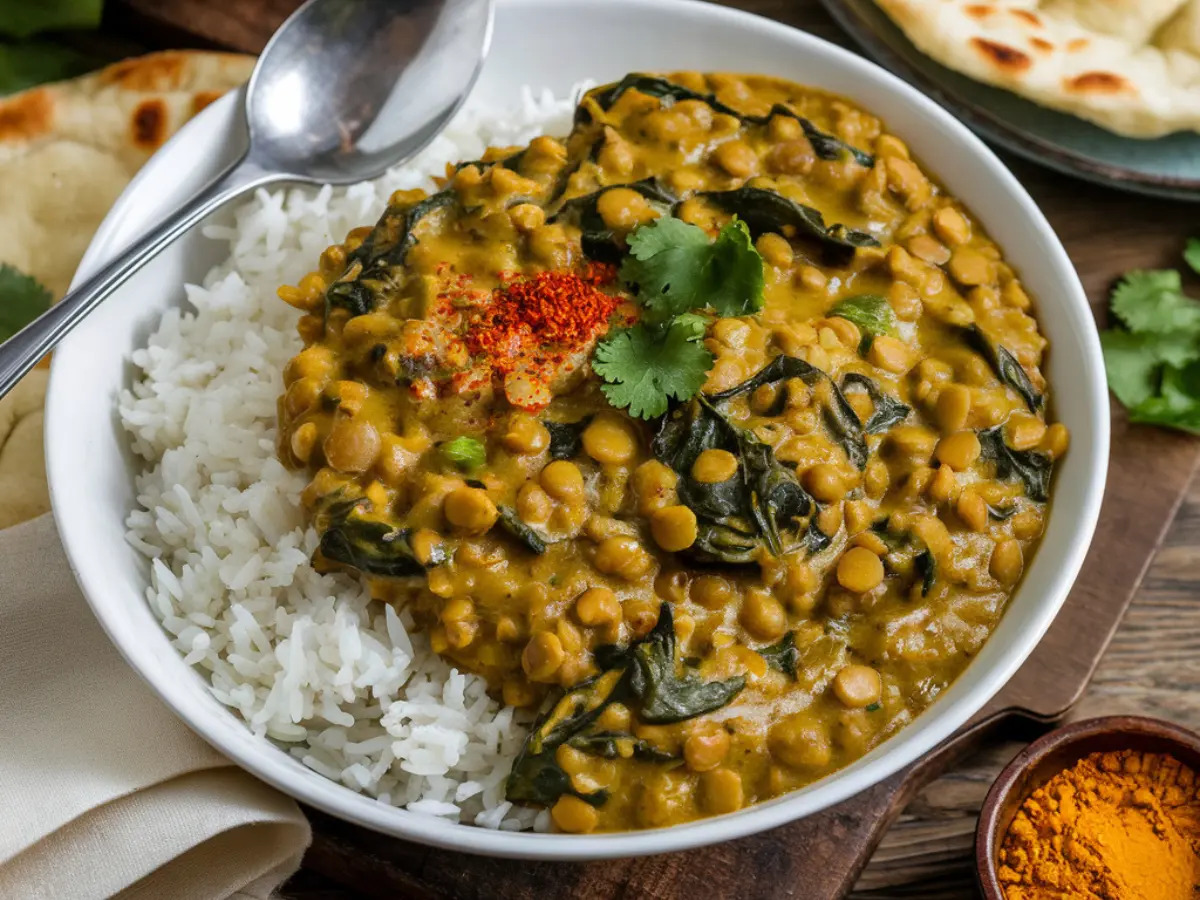 A vibrant bowl of lentil and spinach curry over fluffy basmati rice, garnished with cilantro and red chili flakes