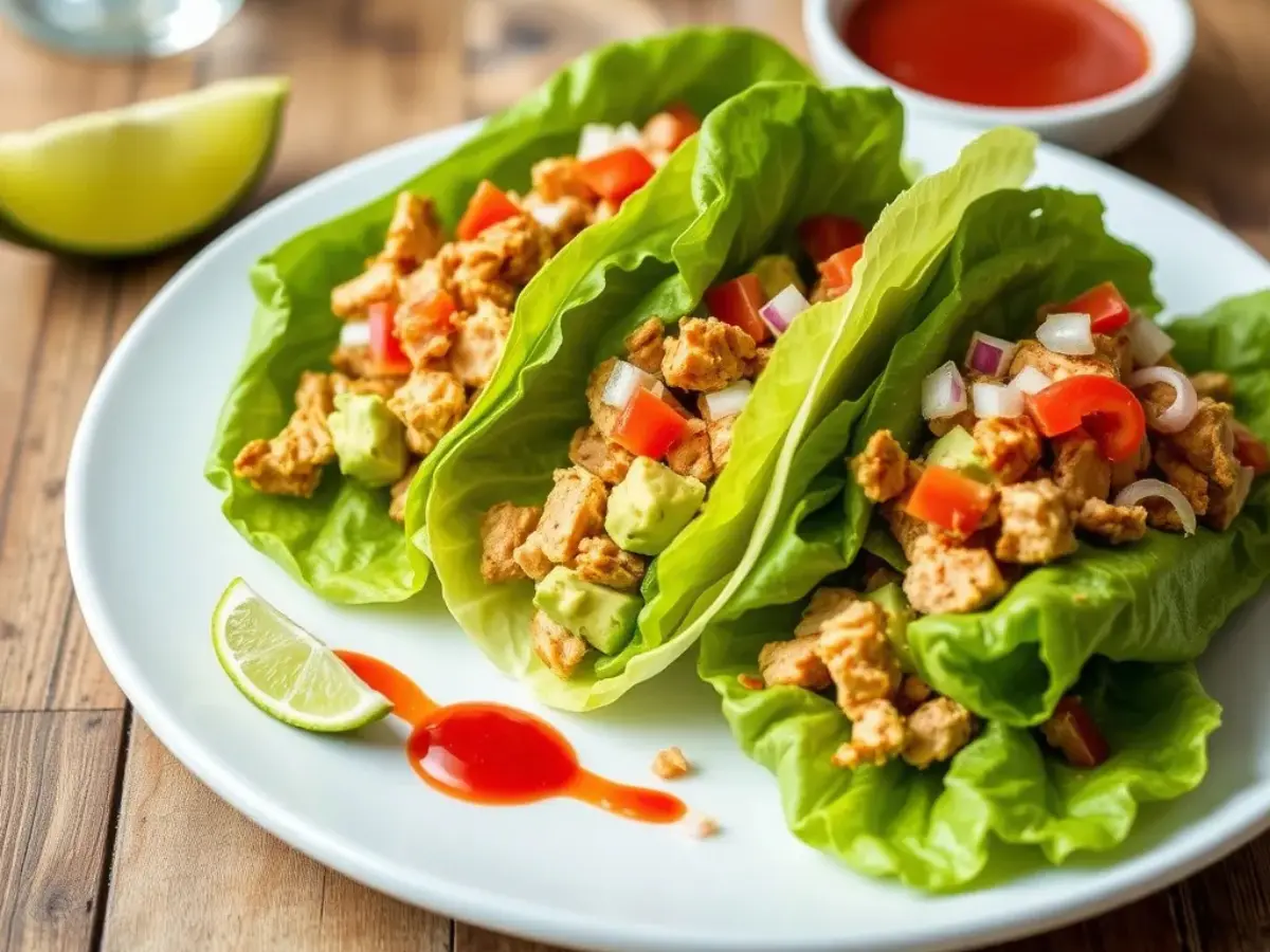 Three turkey and avocado lettuce wraps on a white plate, filled with browned turkey, mashed avocado, tomatoes, and onions, with lime and hot sauce on the side