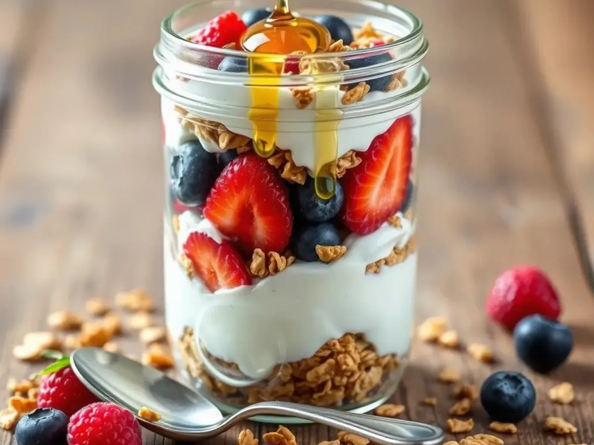 A Greek yogurt parfait layered in a clear glass jar with yogurt, granola, mixed berries, and honey