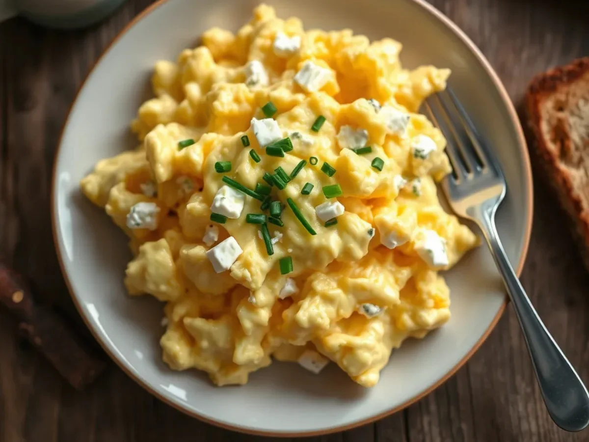 A plate of scrambled eggs with cottage cheese, garnished with fresh chives