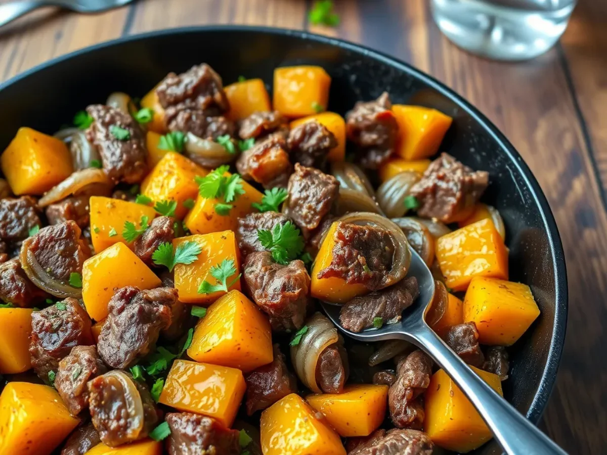 A vibrant beef and sweet potato skillet with caramelized onions, garnished with parsley