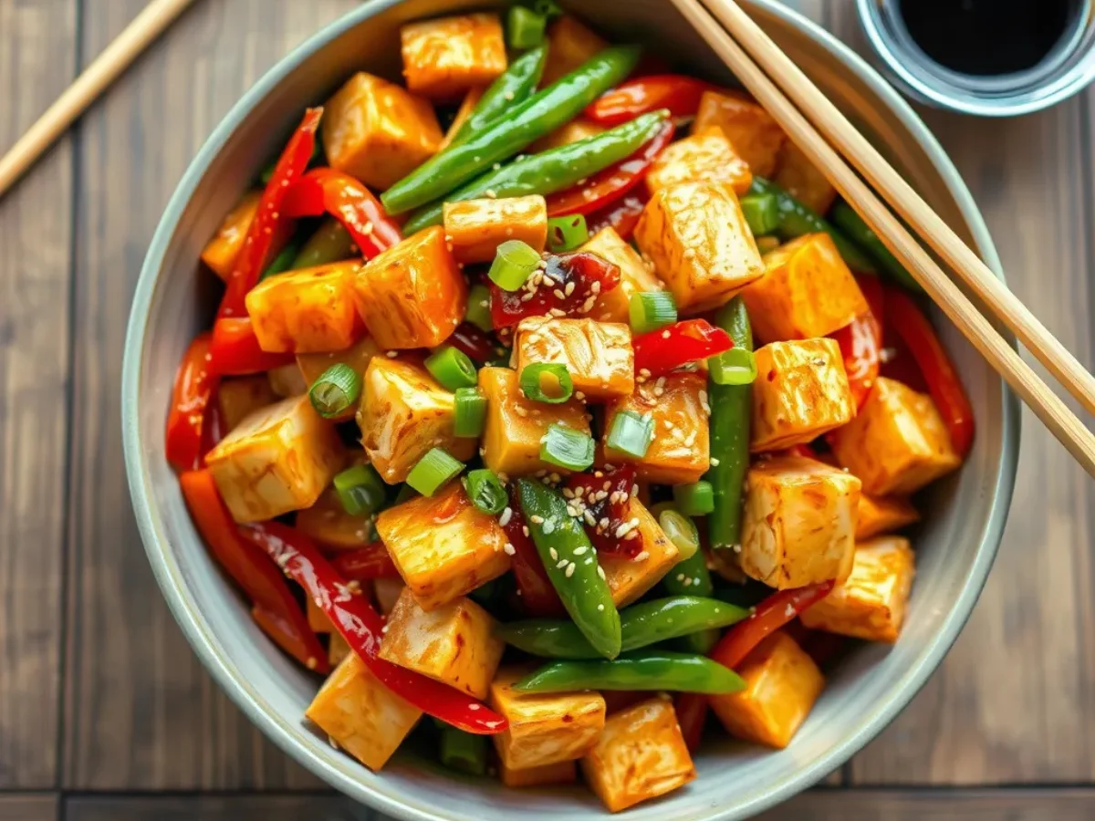 A vibrant edamame and tofu stir-fry with carrots, red bell peppers, and tofu cubes, garnished with sesame seeds and green onions