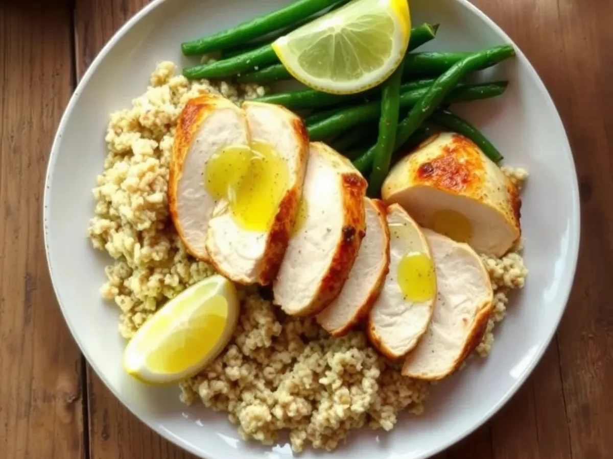 A plate featuring sliced baked chicken breast with quinoa and green beans, garnished with a lemon wedge and drizzled with olive oil