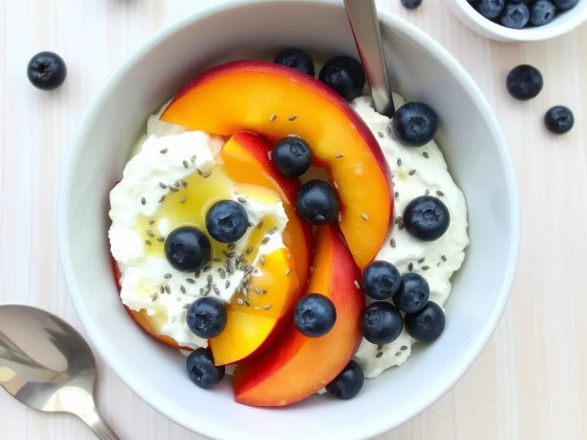 A cottage cheese and fruit bowl with sliced peaches, blueberries, and a sprinkle of chia seeds, drizzled with honey