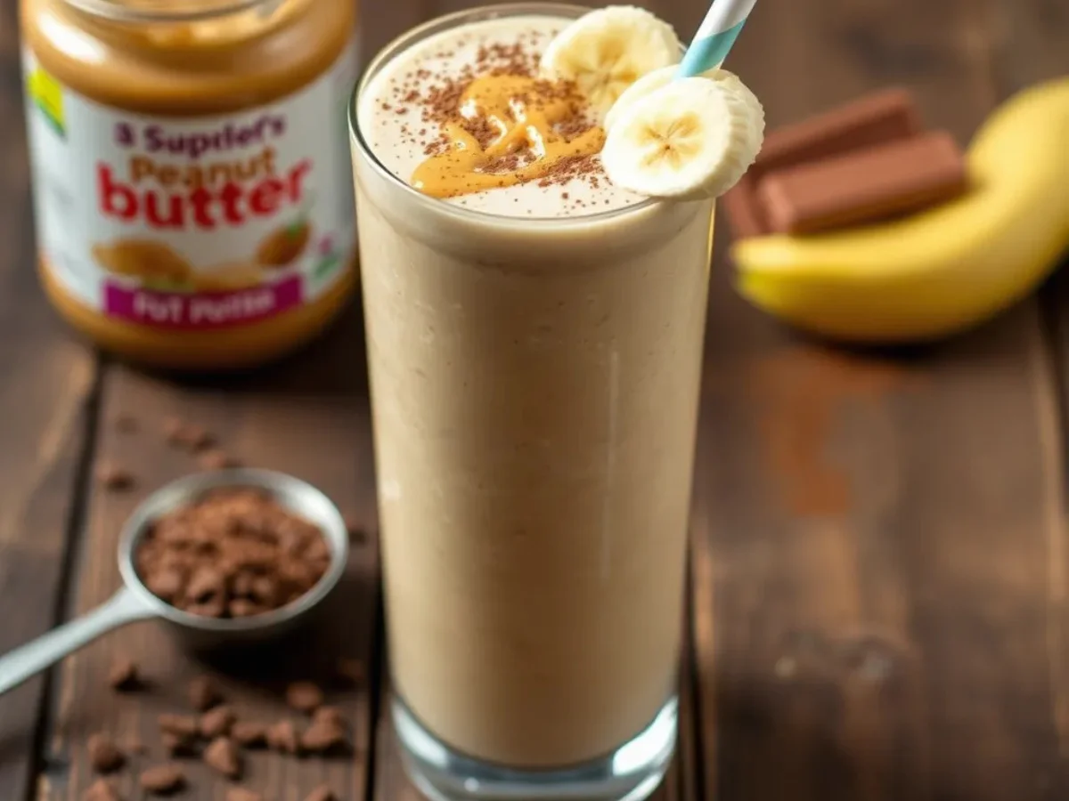 A tall glass of peanut butter protein smoothie with a drizzle of peanut butter, cocoa powder, and banana slices on the rim