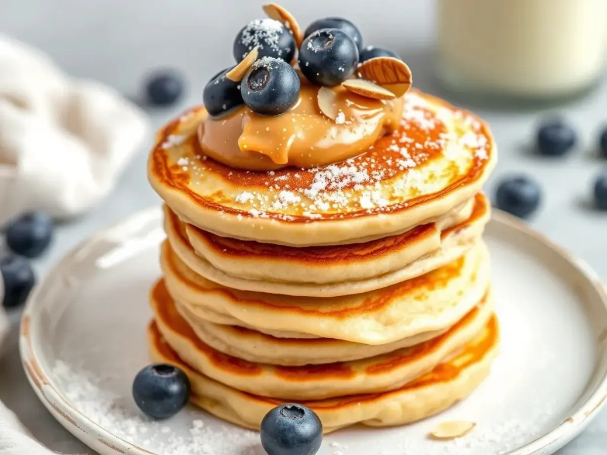 A stack of fluffy vanilla protein pancakes on a rustic white plate, topped with almond butter, blueberries, and powdered sugar, with almond milk in the background