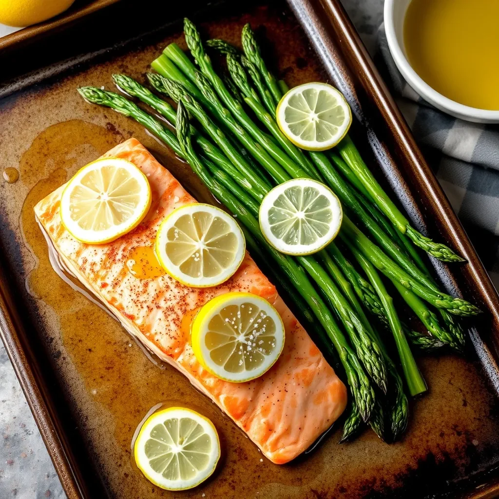 A salmon fillet with asparagus on a baking sheet, drizzled with olive oil and garnished with lemon slices