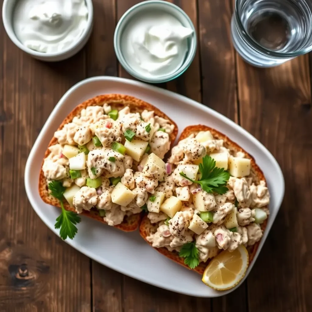 Tuna salad with hard-boiled eggs served on whole-grain toast, garnished with parsley and black pepper